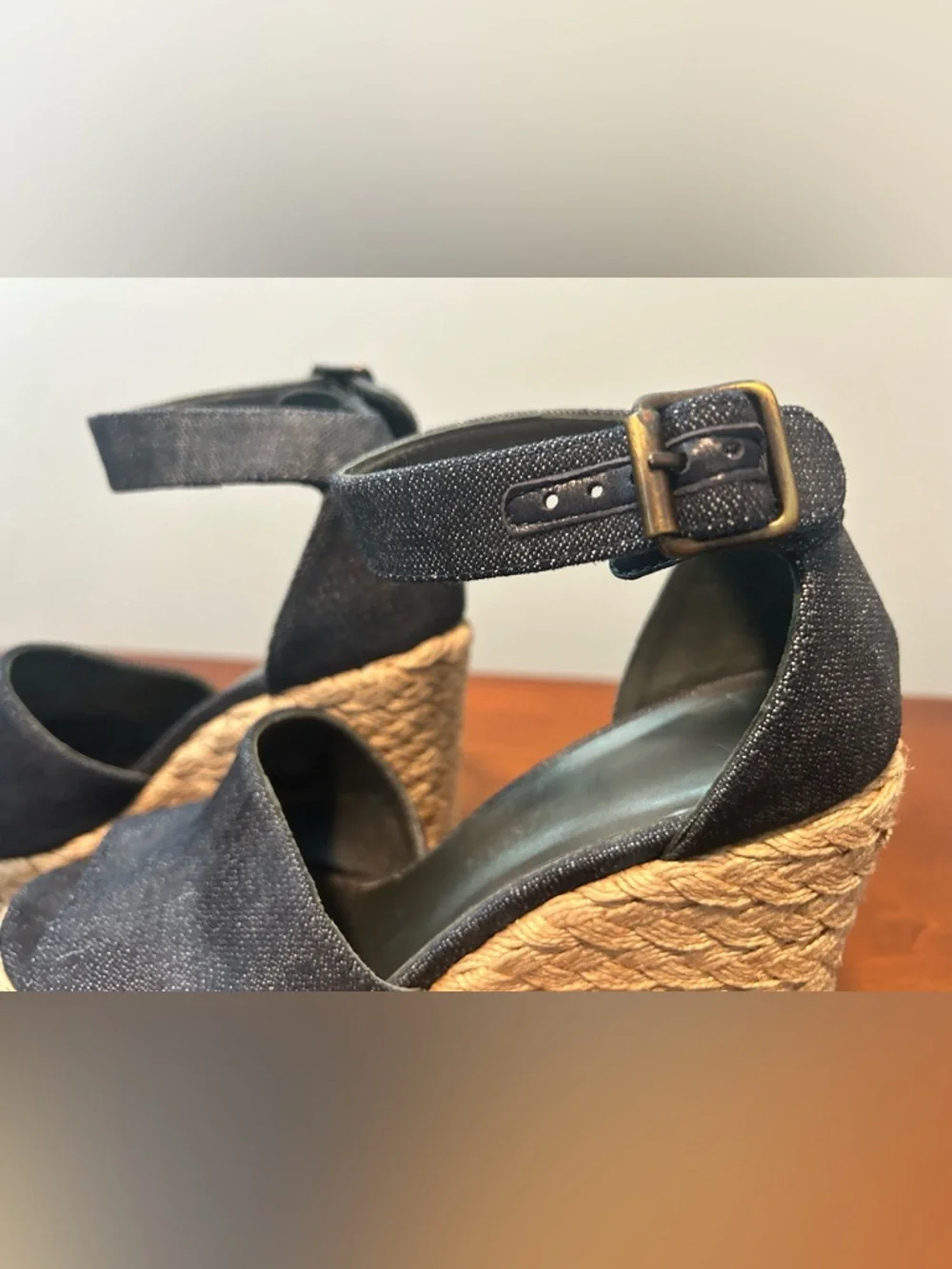 Stuart Weitzman Sohojute Dark Denim Espadrille Ankle-Strap Wedge Sandals - Picture 8 of 15